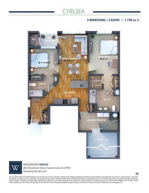Floor plan for 2 beds, 2 baths, 1190 sqft